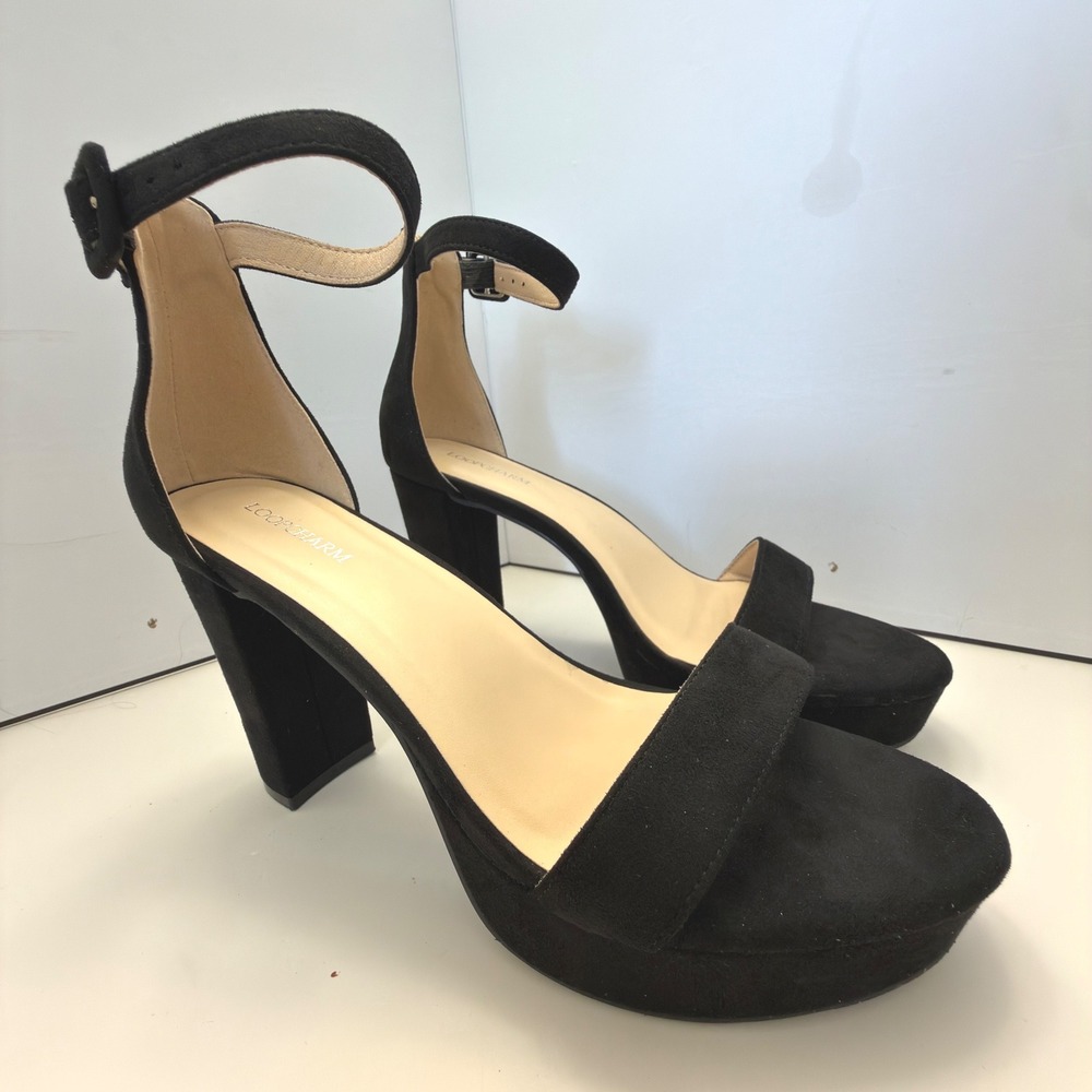 Loopcharm Black‎ Faux Suede Block Heel Ankle Strap Platform Sandals Womens